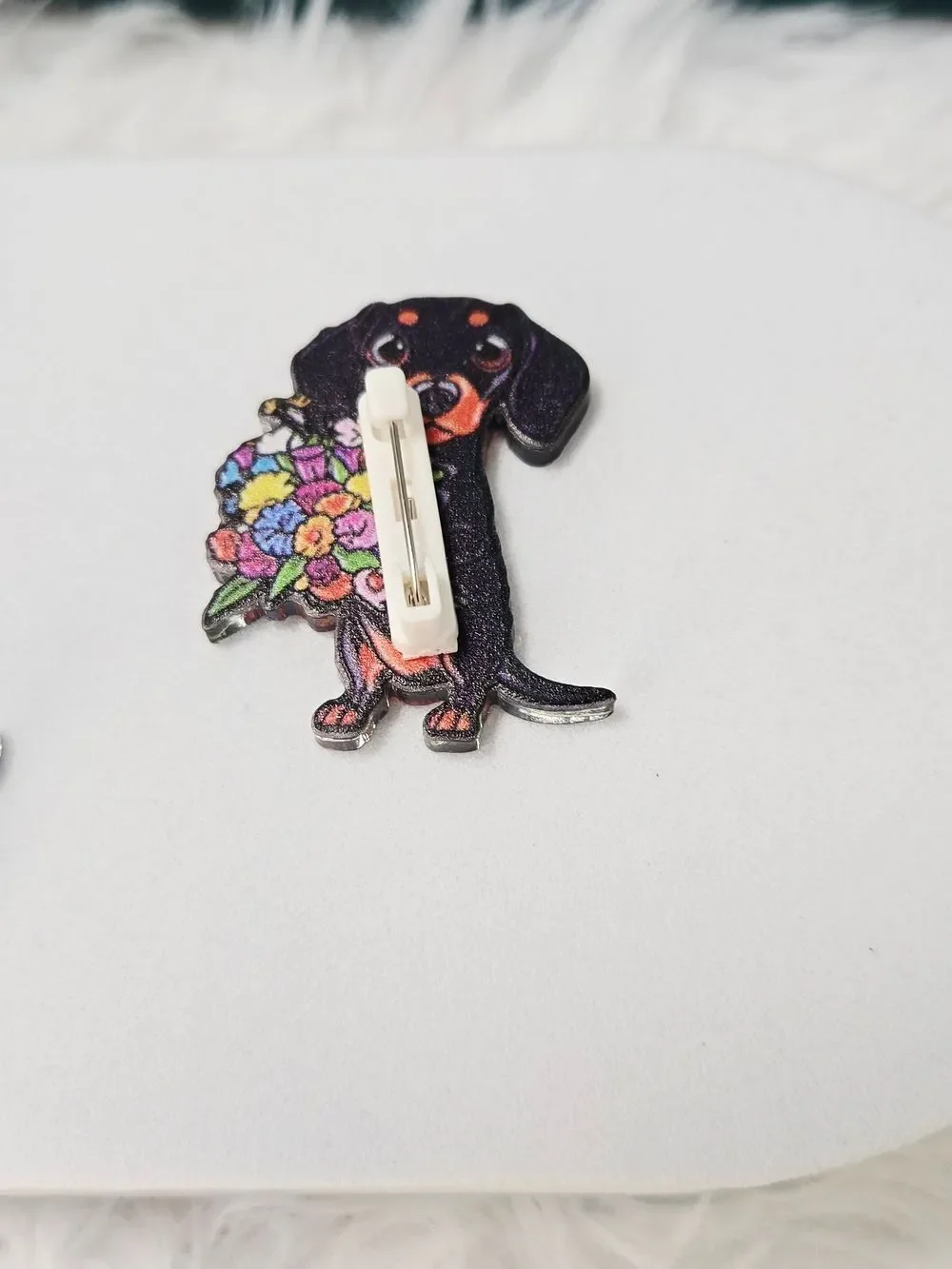 Dachshund Flower Bouquet Lapel Pin Doxie Acrylic Dog Mom Cottagecore Whimsical